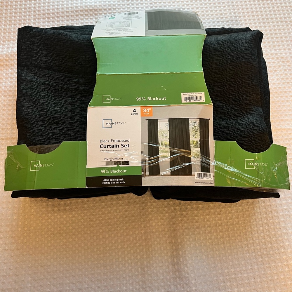 Mainstays Black Embossed Blackout Curtain Set open box,never used, 99% Blackout. - Picture 2 of 3